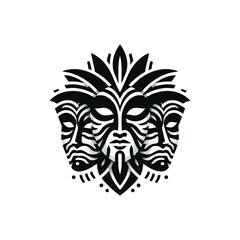 Tribal masks representing the faces of the family, layered or overlapping