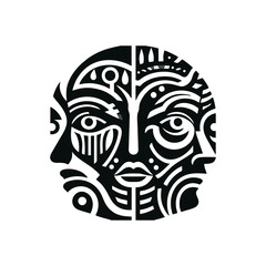Tribal masks representing the faces of the family, layered or overlapping