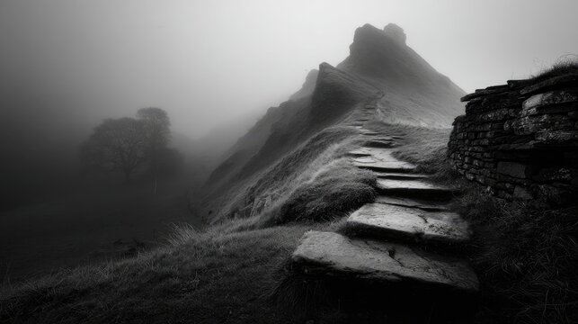 Misty Mountain Path Black and White