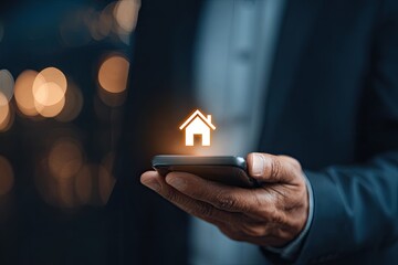 Person holds phone, home icon glows