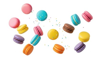 Colorful Macarons Floating on White Background, Confectionery Delight, Sweet Treats