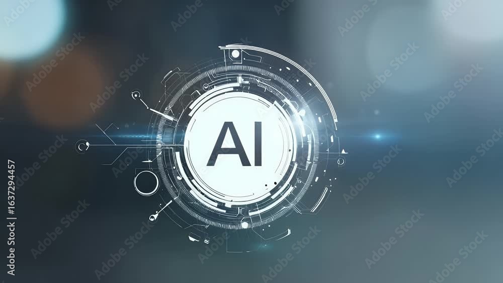 Poster a white, circular, futuristic ai icon with the letters ai in it, set against an abstract background 