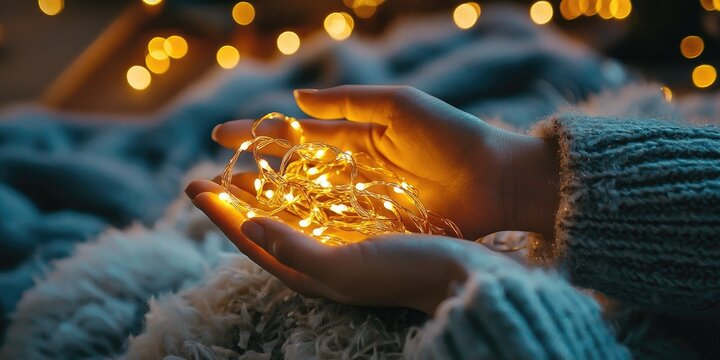 Hands holding a bundle of glowing fairy lights in a dark cozy room Stock photo