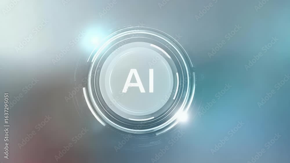 Poster a white, circular, futuristic ai icon with the letters ai in it, set against an abstract background 
