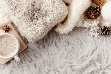 Winter composition. Gift box Coffee cup, cinnamon sticks, anise stars, beige sweater with knitted blanket on cream color gray fluffy background. Flat lay top view copy space.