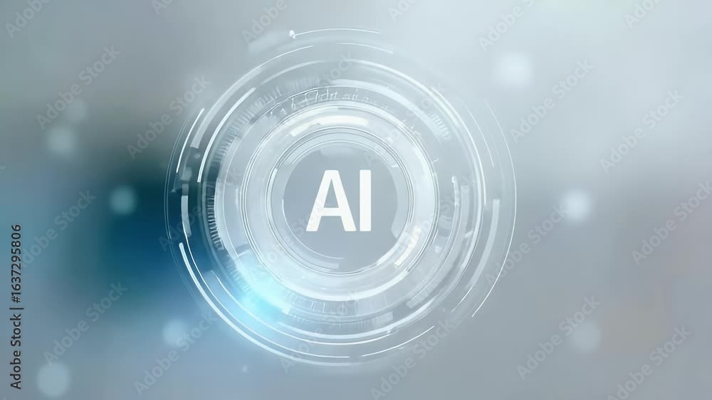 Poster a white, circular, futuristic ai icon with the letters ai in it, set against an abstract background 