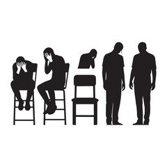 A black and white silhouette illustration showing a sequence of 6 human figures in different states of distress and exhaustion. 