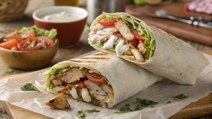 Deliciously grilled chicken wraps filled with fresh vegetables and a side of creamy dip