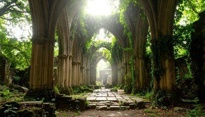 Overgrown ruins with arches