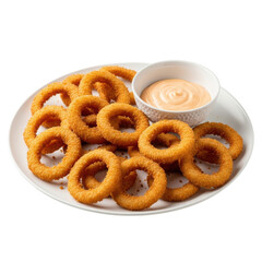 A delicious plate of crispy golden fried onion rings, perfect as an appetizer or side dish, served with a creamy dipping sauce.