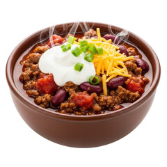 A delicious and warm bowl of classic chili con carne, garnished with sour cream, shredded cheese, and fresh green onions, perfect for a cozy meal.
