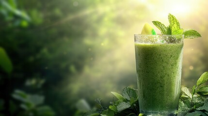 green smoothie with fresh mint leaves, styled for food advertising with space for text, blurred forest or nature background