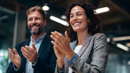 Two coworkers clapping hands in celebration of success