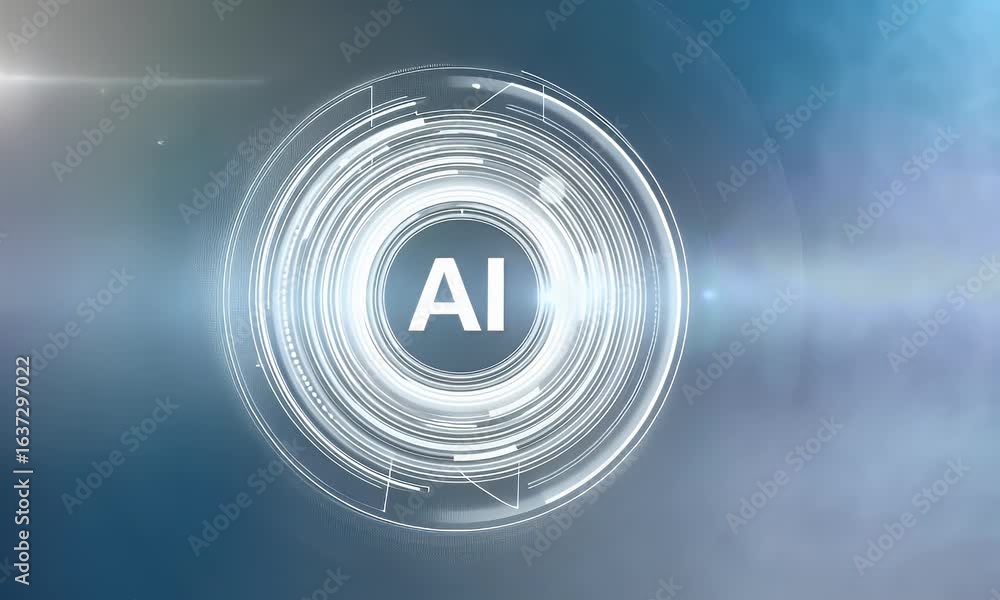 Poster a white, circular, futuristic ai icon with the letters ai in it, set against an abstract background 