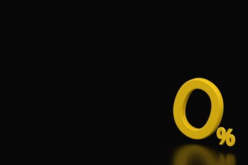 Yellow 3D zero percent sign on black background, representing discount, free offer, or zero...