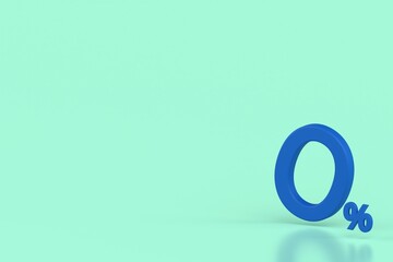 Blue 3D zero percent sign on light green background, symbolizing discount, free, or no interest...