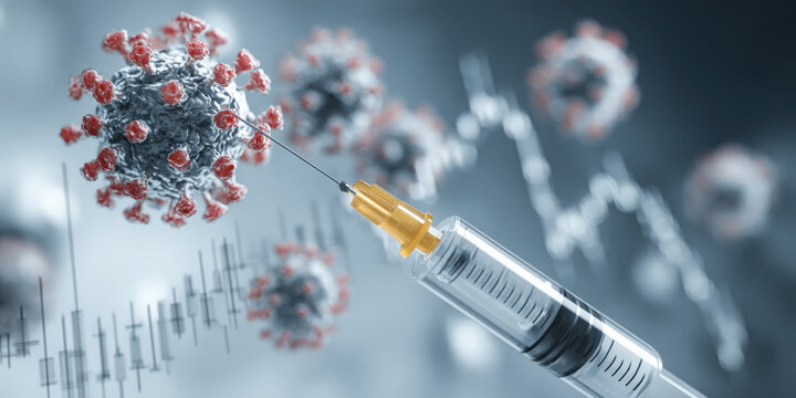 Syringe with needle is positioned near virus particle, symbolizing vaccination efforts against viral infections. background features blurred graph, indicating data analysis or scientific research