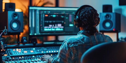 Podcast production in post with sound engineer editing in DAW Stock photo