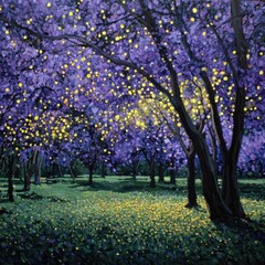 Purple trees, glowing yellow lights, grassy field
