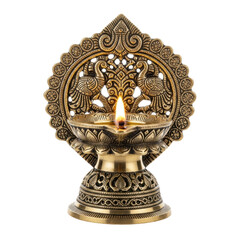 Traditional brass oil lamp with intricate peacock design and a warm, glowing flame, perfect for cultural celebrations and spiritual rituals.