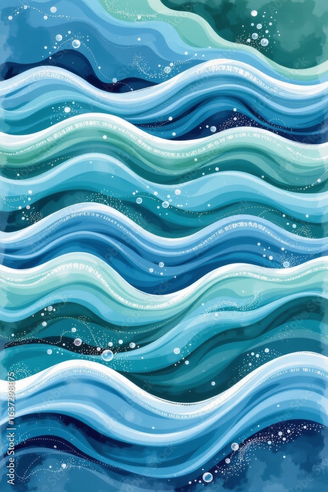 Poster dynamic ocean waves with bubbles and text