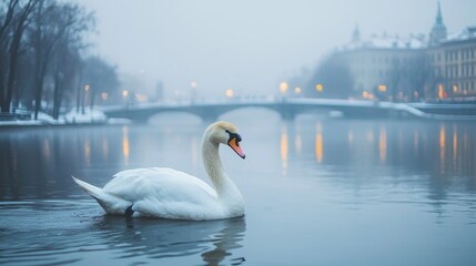 Fototapeta premium A White Swan Swim In The River, Krakow