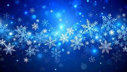 A blue background with a flowing wave of white snowflakes and sparkling bokeh lights