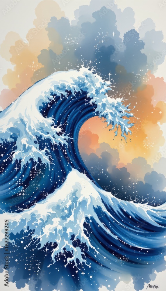 Poster dynamic wave with ethereal clouds and stars