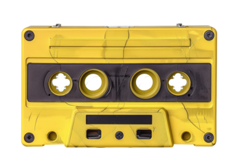 A vintage yellow cassette tape, cracked and faded