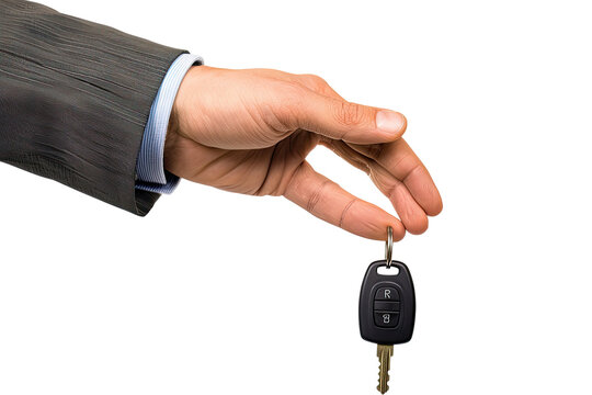 A hand in a gray suit, outstretched, holding car keys