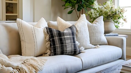 Modern sofa with neutral decorative pillows