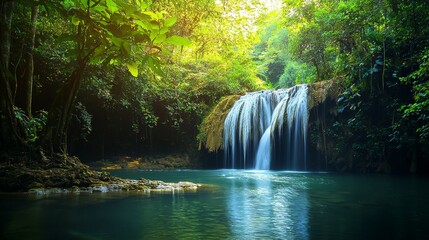 Amazing beauty of Asian nature. Tropical waterfall flows through dense jungle forest and falls into wild pond