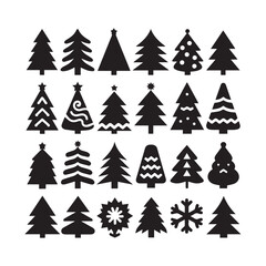 Obraz premium A collection of 60 minimalist black Christmas tree silhouettes on white background. 