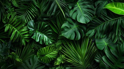 Jungle tropical foliage background. Green lush pattern texture card