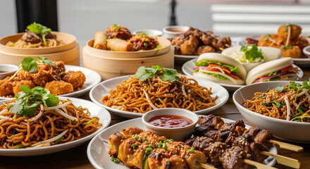 A diverse spread of delicious Asian cuisine, featuring steaming noodle dishes, savory dumplings, crispy fried items, and succulent skewers, all artfully arranged for a feast.
