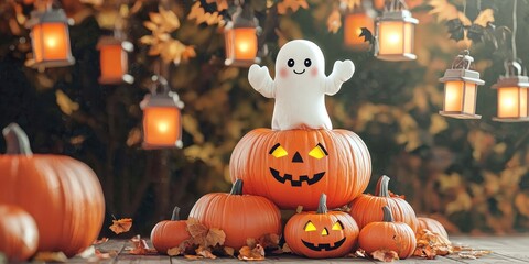 Sweet ghost climbing over a pumpkin stack while lanterns dangle above, Holly Gennerman vibe Stock photo