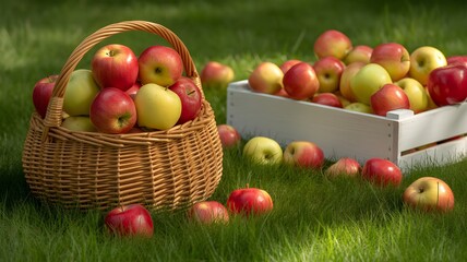 Abundant harvest of fresh red and yellow apples in a rustic basket and wooden crate on lush green grass