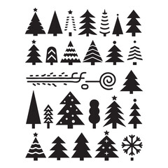 Obraz premium A collection of 60 minimalist black Christmas tree silhouettes on white background. 