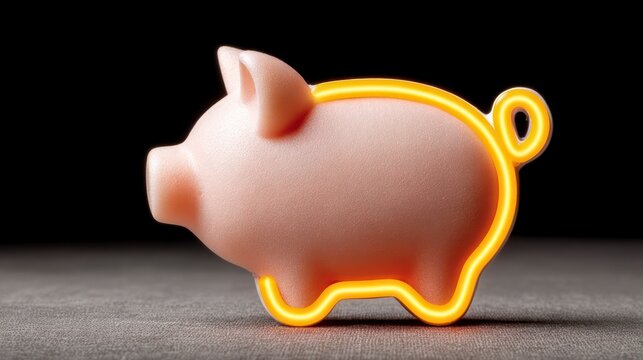 A piggy bank with a glowing yellow outline sits on a textured surface against a dark background