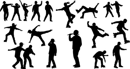 Silhouettes set of teenagers, young people performing different activities - dancing, hip-hop, breakdance, roller skating, rap. Outline monochrome vector drawing isolated
