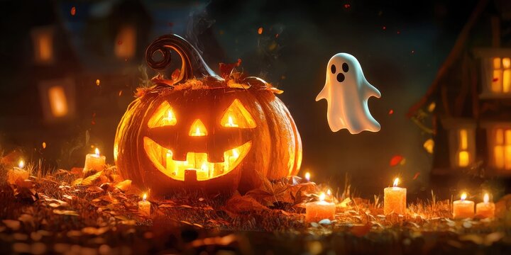 Tiny ghost floating out of a pumpkin home surrounded by twinkling candles, pencil sketch style Stock photo - Powered by Adobe