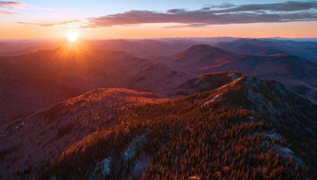 Sunrise over a mountain range, autumn colors