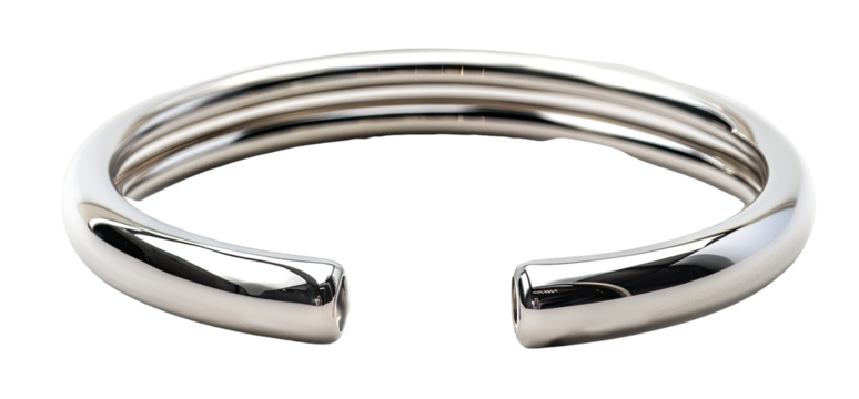 A polished, silver-toned bangle with a smooth, rounded profile