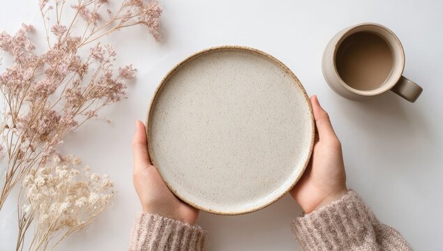 Empty plate held by hands, with latte mug and dried flowers on white surface - Powered by Adobe