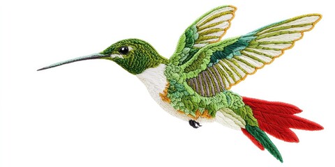 Obraz premium White background embroidery art of a hovering hummingbird with bright green feathers and red tail Stock photo