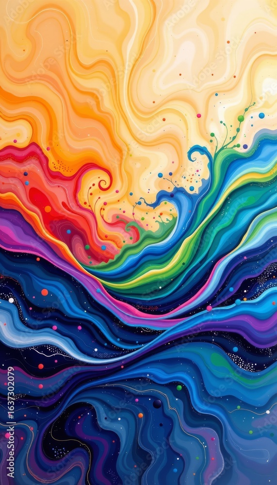 Poster vibrant abstract flowing patterns with colorful dots