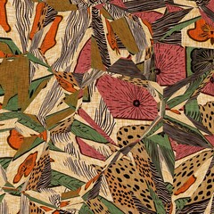 Autumnal brown patched cozy seamless pattern. Patchwork style fabric effect with floral design for season home decor background. Earth tones for modern country cottage mood.