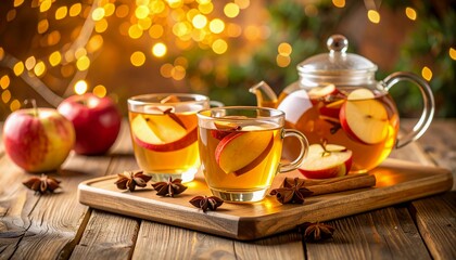 Cozy warm apple cider with cinnamon and star anise, perfect for a festive winter evening, creating an inviting and comforting atmosphere.