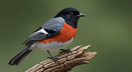 Vibrant wild songbird with a fiery red breast and black head perched on a weathered wooden branch against a soft green bokeh background.