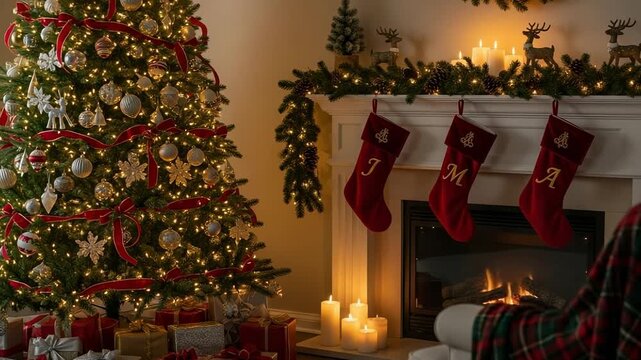 JMA stockings hanging on a fireplace mantel in a cozy living room. Festive Christmas scene with a decorated tree, warm fire, and presents.